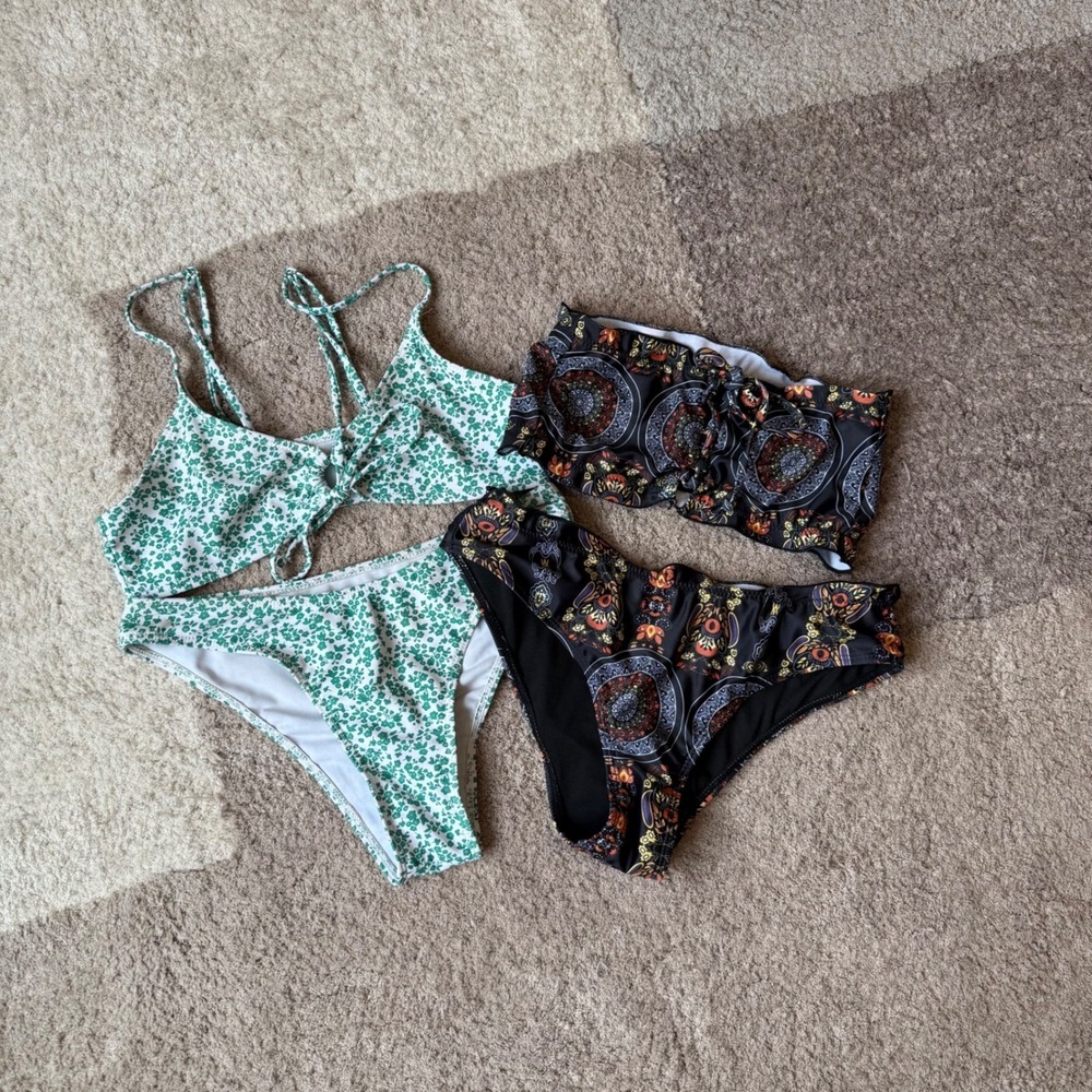 Lot 2 Bikini Swimsuit Sets Green Floral & Boho Mandala Print Two Piece Swimwear